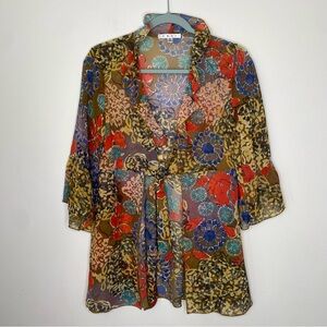 CABI Shakespeare Floral Semi Sheer Tie Front Ruffle Bohemian Kimono Tunic Top S